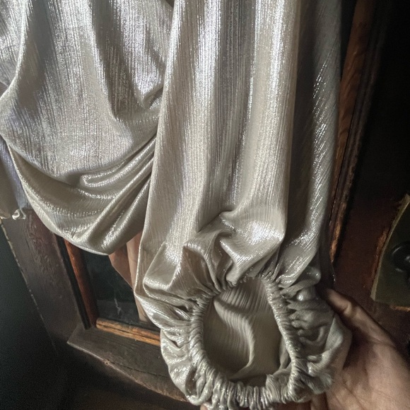 Express Shimmering Silver Dress or Top w Rutched Sides and Dramatic Sleeves EUC - Picture 6 of 7